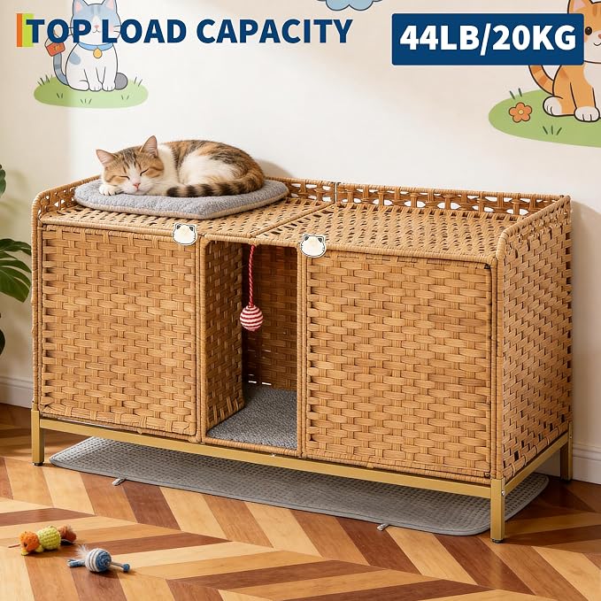 Rattan Litter Box Enclosure Double Cat Hidden Litterbox Furniture with Removable Litter Mat,Ball & 2 Hooks, Natural Cat House End Table, Easy Assembly, 47.2" l x 19.7" w x 23.6" h Natural