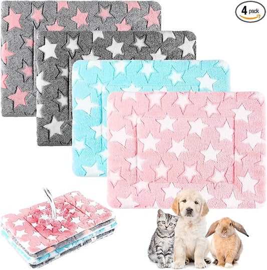Haull 4 Pcs Waterproof Guinea Pig Bedding Soft Dog Cat Bed Crate Mat Small Animal Plush Cage Liners Rabbit Bunny Kennel Pad Reversible Cozy Pee Thickened Hamster Pad(Cute Star,13 x 18.5 Inch)