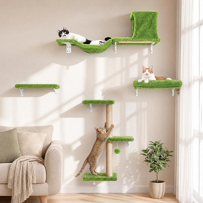 FUKUMARU Cat Wall Shelves, Stable & Safe 4 in 1 Cat Walls Furniture Set, Wooden Kitten Climbing Wall with Scratching Post for 16 Inch Drywall - Green