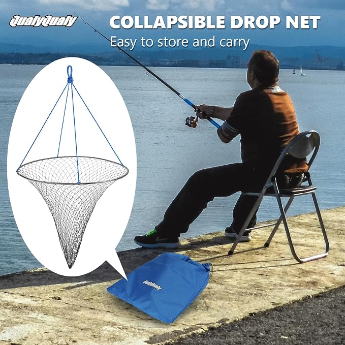 QualyQualy Large Bridge and Pier Fishing Net 32''/39'' Hoop, Foldable Drop Net Pier Fishing for Saltwater with Rope, Landing Net with Nylon Mesh, Collapsible Soft Steel Ring