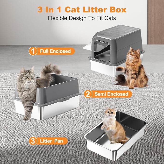 Extra Large Stainless Steel Cat Litter Box Enclosed with Lid - 23.6" x 15.7" x 16.5" Metal Cat Litter Box XXL, Front Entry High Side Kitty Litterbox with Scoop & Mat, Anti Leakage, No Sticky