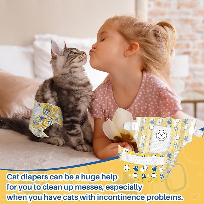 Pet Soft Disposable Cat Diapers - Diaper for Female & Male Cats, Puppy Doggie Diapers for Female Dogs with Adjustable Foam Tail Hole, Medium (24Pcs, Yellow)