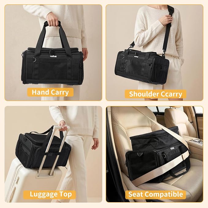 Apollo Walker Cat Carrier Airline Approved, Expandable Travel Pet Carrier with Locking Zippers, Soft-Sided for Small Medium Pets, Foldable Portable Pet Travel Bag (Black)
