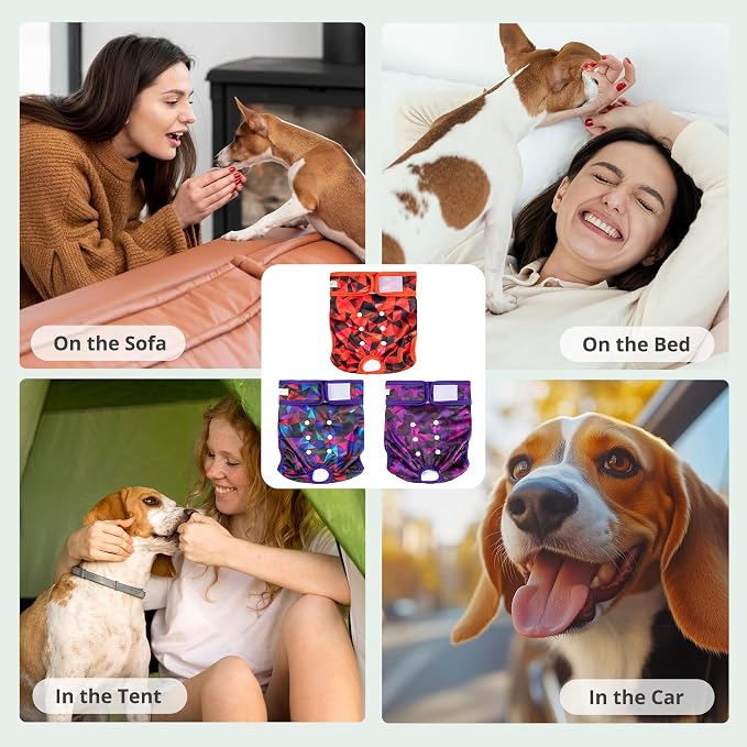 wegreeco Washable Female Dog Diapers Highly Absorbent Reusable Diapers for Dog in Heat Period, 3 Pack (Abstract Geometrical Purple, X-Large)