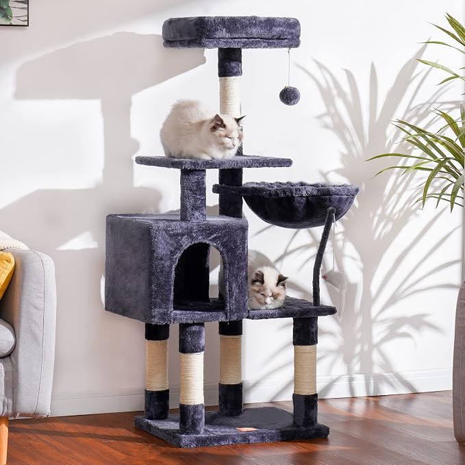 Heybly Cat Tree with Toy, Cat Tower condo for Indoor Cats, Cat House with Padded Plush Perch, Cozy Hammock and Sisal Scratching Posts, Smoky Gray HCT004G