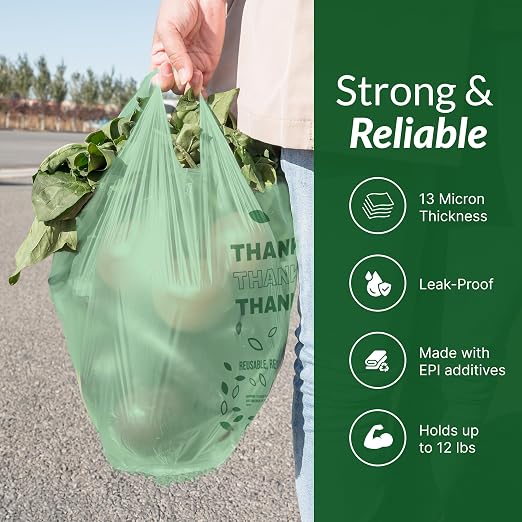 Reli. Biodegradable Thank You Bags | 525 Count (11.5" x 6.5" x 21") | Green Plastic Bags with Handles | Ideal for Grocery, Shopping, Food Take Out, Small Business | Oxo-Biodegradable Plastic