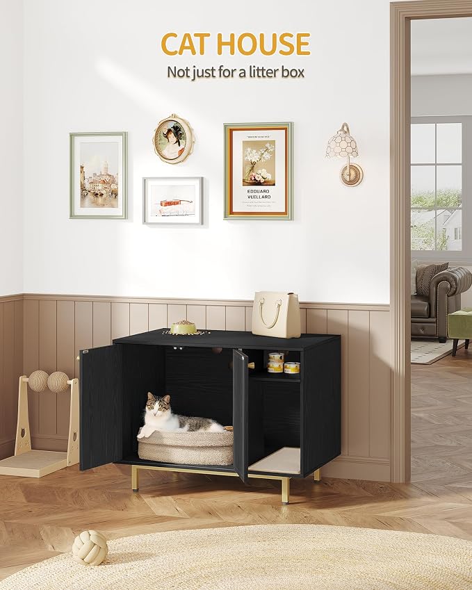Hzuaneri Cat Litter Box Enclosure,Hidden Litter Box Furniture with Storage, Large Wooden Cabinet with Sisal Mat, Modern Cat Washroom for Living Room, Bedroom, Entryway, Black and Gold CB01504G