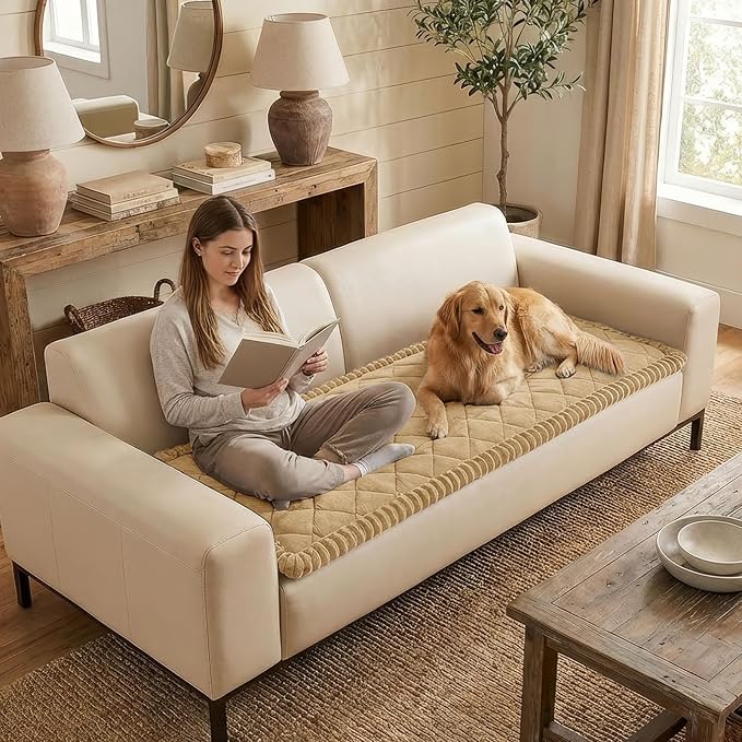 Smiry Couch Cover for Dogs, Non Slip Washable Pet Sofa Protector for Large Dogs, Cats, Fuzzy Plush Sofa Covers for 3 Cushion Couch, Against Fur, Dirt & Scratch Resistant, Camel, 27.6"×95"