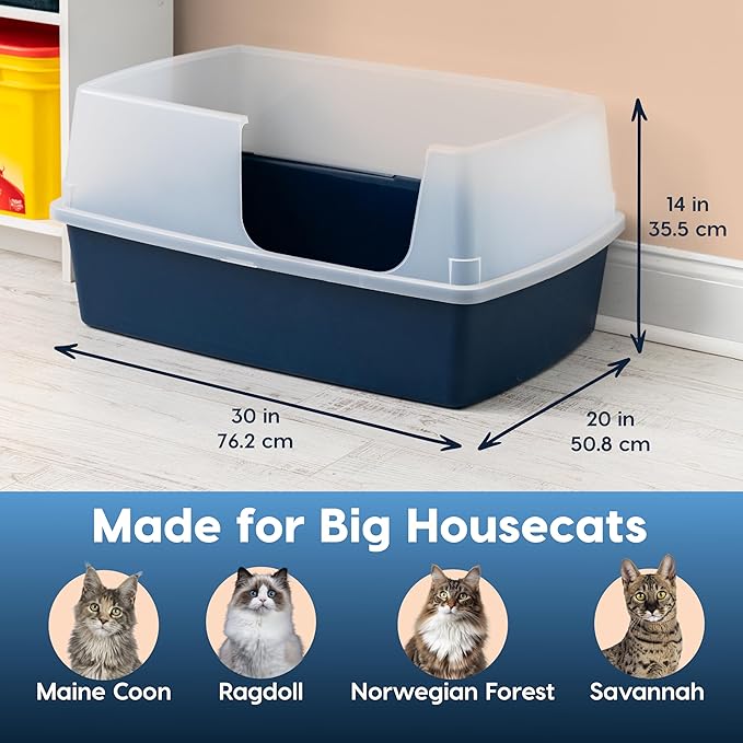 IRIS USA Extra Large Litter Box, Open Top Extra-Large Litter Box for Big Cats and Multi-Cat Households, High Sided Scatter Shield, Easy to Clean, 30" L x 20" W x 14" H, Navy