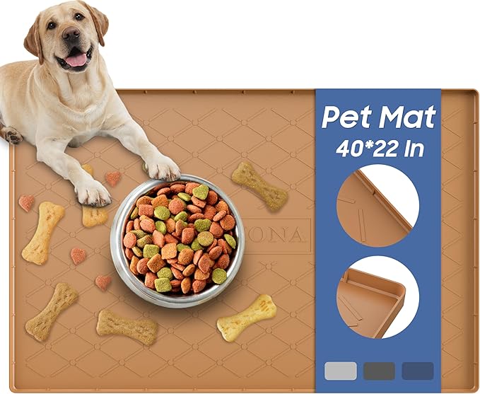 URMONA Large Dog Food Mat, 40" x 22" Pet Food Mat, Waterproof Dog Cat Food Mat with Raised Edges, Silicone Pet Food Mat, Dog Accessories, Prevents Food Spills, Protects Floors (Khaki)