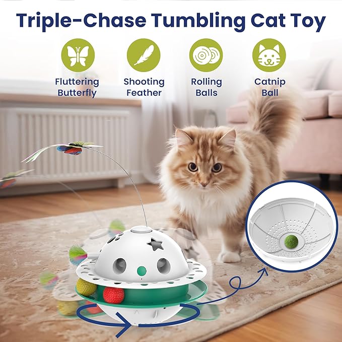 PAWSPIK Triple Chase 4-in-1 Interactive Cat Toy – Tumbling, Butterfly, Feather & Catnip Ball Play – Motion Activated, USB or Battery Powered