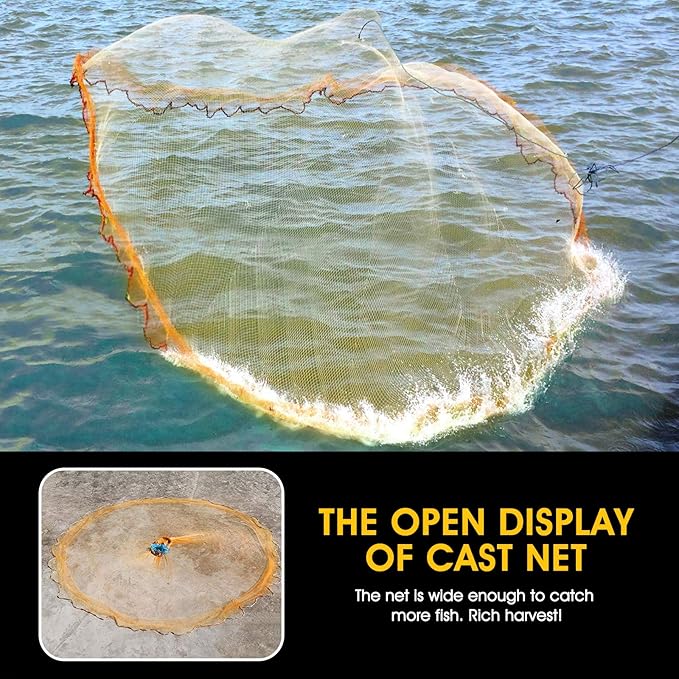 Nylon Multfilament Cast Net, 4FT/6FT/8FT/10FT/12FT American Style Hand Throwing Fishing Net with Zinc Plated Weights for Saltwater and Freshwater