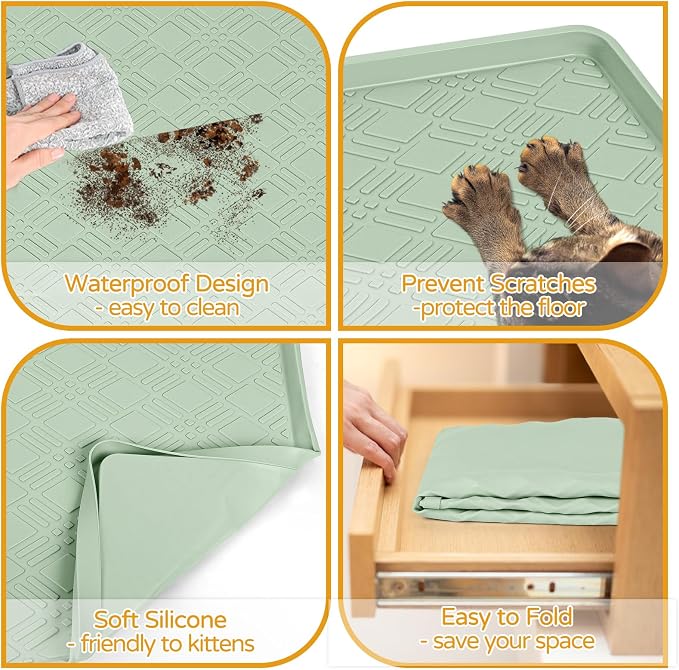 Cat Food Mat, 42" x 29" Large Silicone Mat Cat Feeding Mat with Raised Edge Non-Slip Pet Feeding Mat for Food and Water Bowl, Easy to Clean, Floor Protection (Light Green)