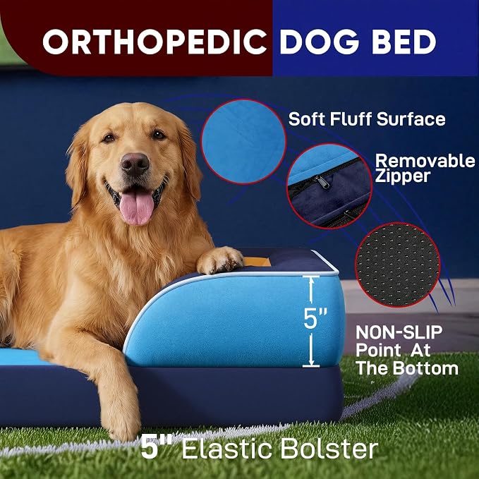 Comfort Expression Orthopedic Dog Bed for Extra Large Dogs 45x35 Inch, Waterproof Egg Crate Foam XL Pet Bed with Bolsters, Dog Couch with Washable Cover & Non-Slip Bottom, Houston