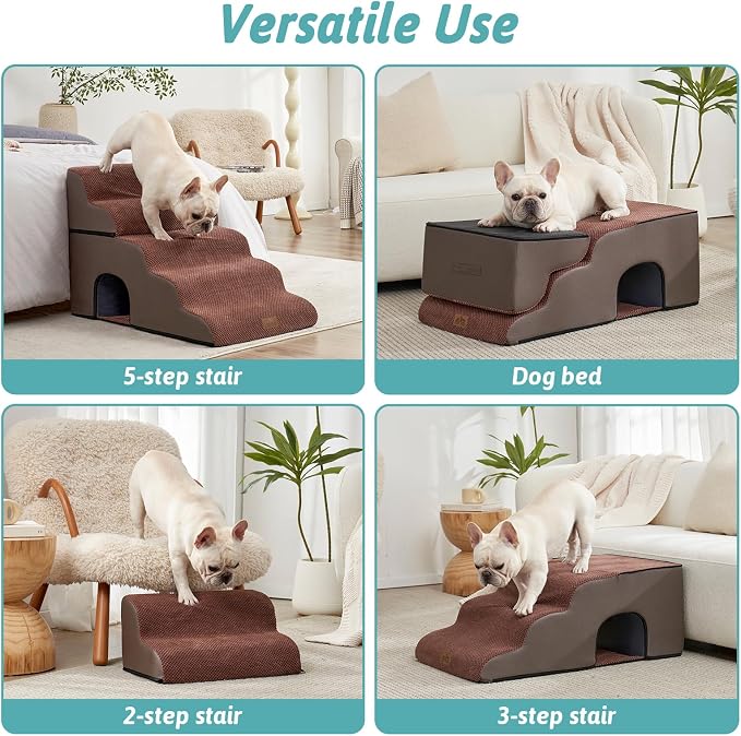 COZY KISS Wide Dog Stairs with Tunnel, Foam Detachable Large Dog Step for Small Pet, Puppy or Cats, Medium Pet Ramp for High Bed, Couch, Sofa or Car, 19.7x33x22.4 inch, 5 Step, Brown