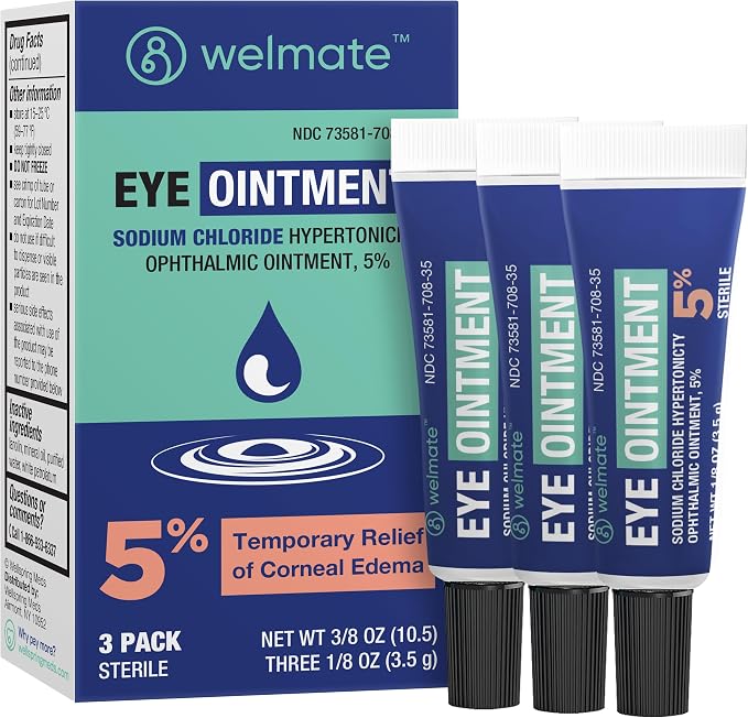 WELMATE Eye Ointment (3 Tubes) - Sodium Chloride Hypertonicity Ophthalmic Ointment 5% - Corneal Edema Relief - Sterile, Non-Greasy - Lanolin & Mineral Oil - 1/8 oz (3.5g) per Tube