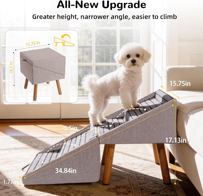 Dog ramp for Small Dogs, 2-in-1 Pet Steps & Ottoman - Foldable Dog ramp for Couch, Non-Slip Wooden Pet ramp for Puppy Senior Injured Dogs (Light Brown, XL(17.13H))