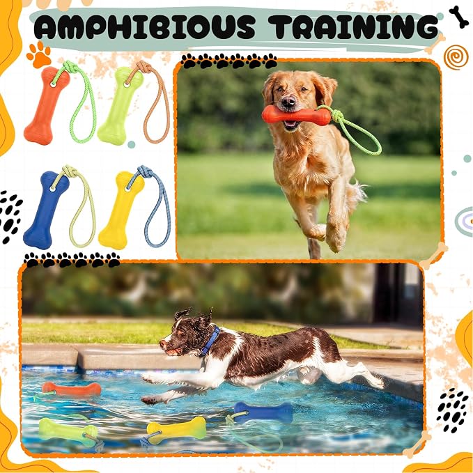 Skylety 4 Pack Floating Dog Toy with Rope Handle EVA Dog Bumper Throw Stick for Water Training Fetch Retrieving High Visibility Pool Water Toy for Beach Diving Pool Yard Summer Outdoor Play, Bone