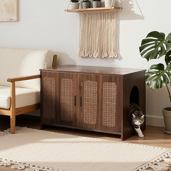 HOOBRO Farmhouse Cat Litter Box Enclosure, Hidden Litter Box Furniture with Side Entry & Vents, Litter Box Cabinet with Double Woven Doors, Side Table for Living Room, Bedroom, Walnut WL33MW01