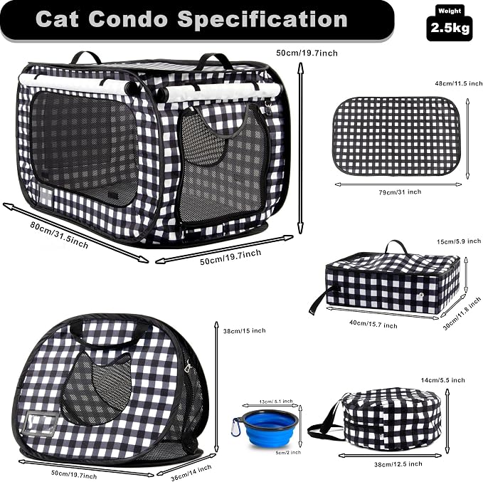 Pop up Large Cat Carrier, 30'' L Kennel Soft Crates with Portable Mini Cat Carrier,Travel Littler Box, Mattress,Food Bowl,4 Stakes and Carry Bag