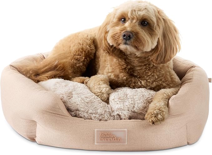 Town & Country Everyday CuddleTown Faux Linen Comfy Cozy Cuddler Pet Bed, Supportive & Calming, Non-Slip Bottom, Machine Washable Cover, Warm Taupe, Small 22"x20"x7"