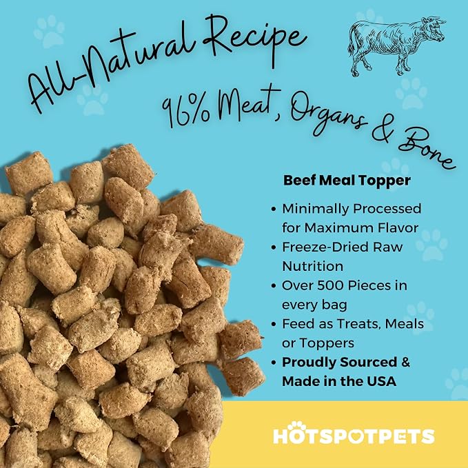 hotspot pets Freeze Dried Raw Beef Meal Toppers for Dogs 1LB Bag (500+pcs) Made in USA - Single Protein, All Natural, Grain-Free - Perfect for Training, Topper or Snack