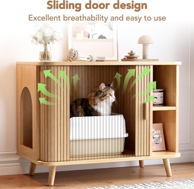 35.4" Cat Litter Box Enclosure with Sliding Door – Wooden Hidden Litter Box Furniture with 2-Layer Shelves, Side End Table for Living Room, Oak