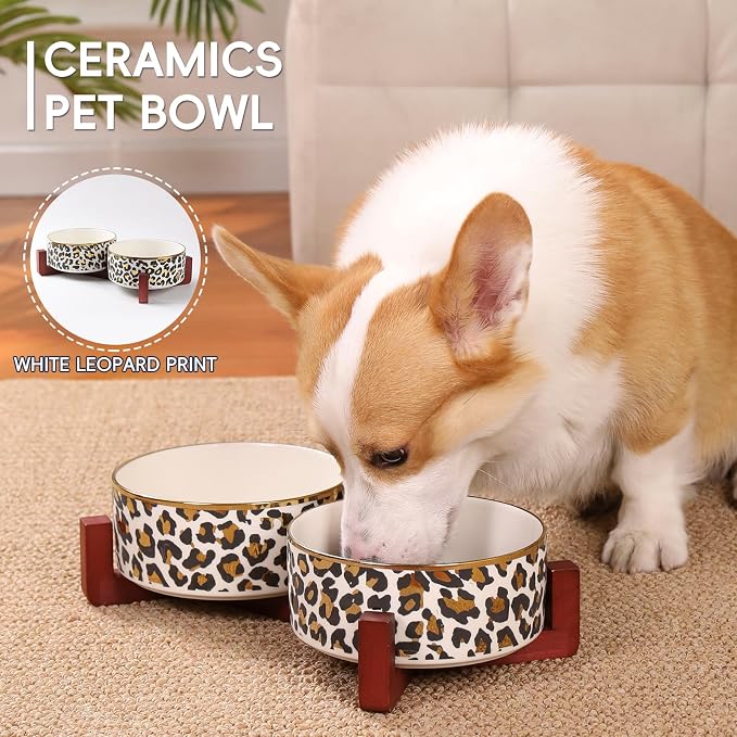 Dog Bowl Set with Wood Stand, Non-Slip Anti-Tip Elevated Design, Double Ceramic Animal Food Water Cat Bowls, Suitable for Large/Medium Sized Dog Pet Feeder Dish Station - 32 OZ,White Leopard Print
