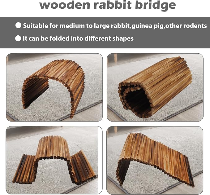 kathson Wooden Rabbit Hideout with Tunnel,Extra Large Bunny Bridge Guinea Pig Wood Ladder Flexible Hamster Ramp Small Animal Climbing Toys for Ferret Hedgehog Chinchillas and Other Rodents
