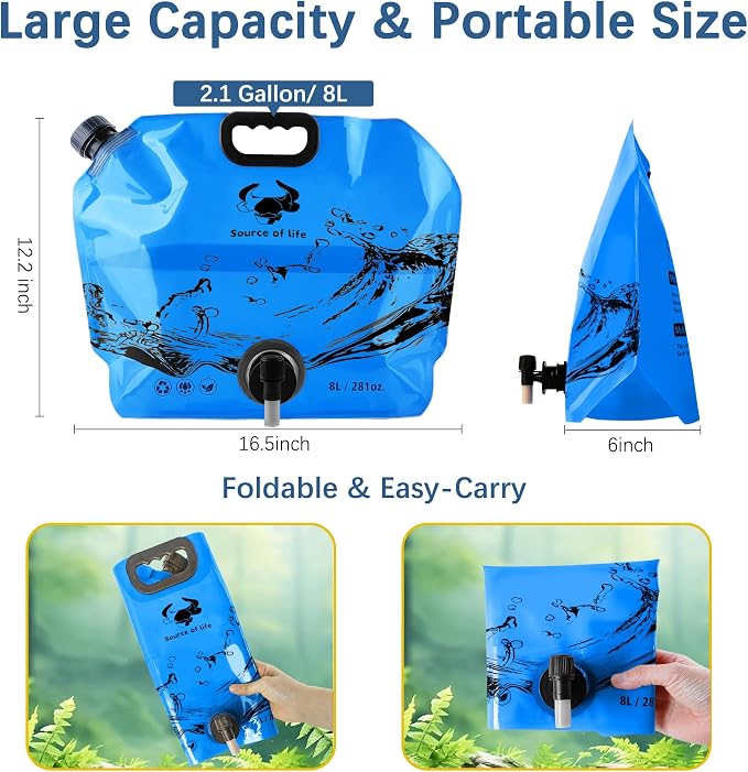 Water Jug Camping 2.1 Gallon Collapsible with Spigot, BPA Free Portable Water Pouch Foldable Water Bags for Outdoor Hiking, Travel and Emergency & Water Storage Containers (Blue-2Pcs)