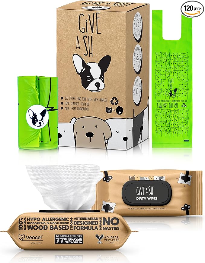 120 Handled Compostable Dog Poop Bags and 100 Plant-Based Pet Wipes