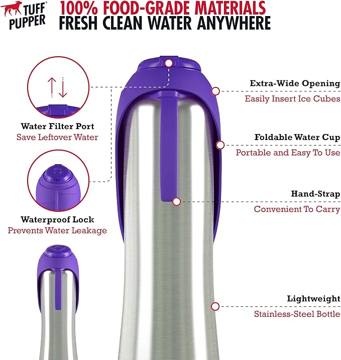 Tuff Pupper Retractable Dog Leash and 40oz Pupflask Portable Water Bottle - Violet