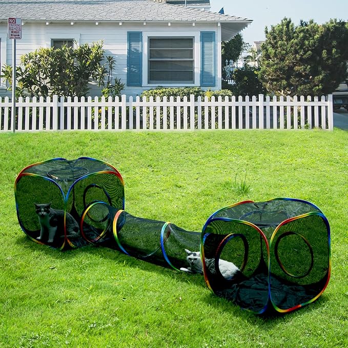 Outdoor Rainbow Cat Enclosures Playground,Outside House for Indoor Cats Include Portable Tent, 2 Way with 2 Cube Tunnel, for Kitty and Small Animals,Within Storage Bag