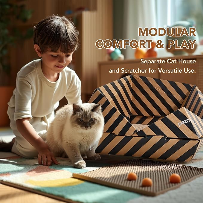 PETNOVO Foldable Cardboard Cat House Bed for Indoor Cats, Collapsible Cat Hideaway with Corrugated Scratcher Insert, Low Entry, Paper Build, 18.5 x 18.5 x 11.8 in, Black