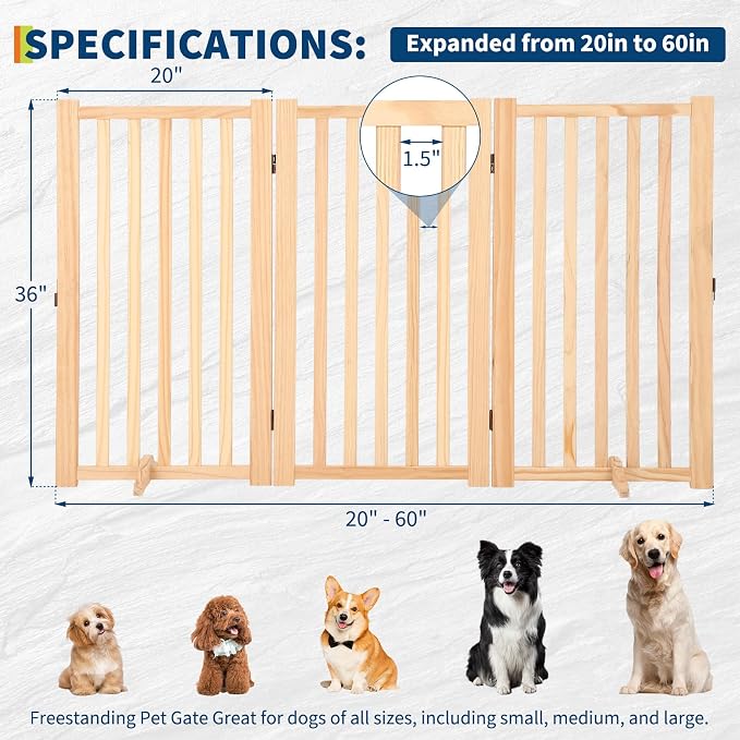 Wooden Freestanding Dog Gate, Foldable Pet Gate with Support Feet, Indoor Dog Fence for The House,Doorways, Stairs，Expandable Pet Fence -3 Panel H:36”