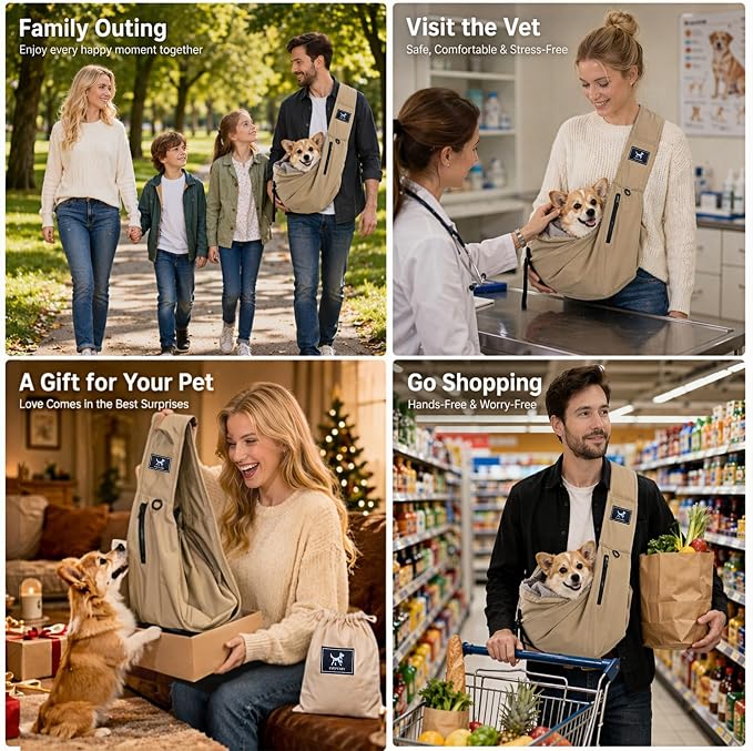 Pet Sling Carrier for Small Dogs and Cats 5-20lbs, Dog Sling with Adjustable Depth, Breathable Air Mesh Puppy Travel Bag, Water Resistant Fabric, Double Safety Leash, Machine Washable,Caramel