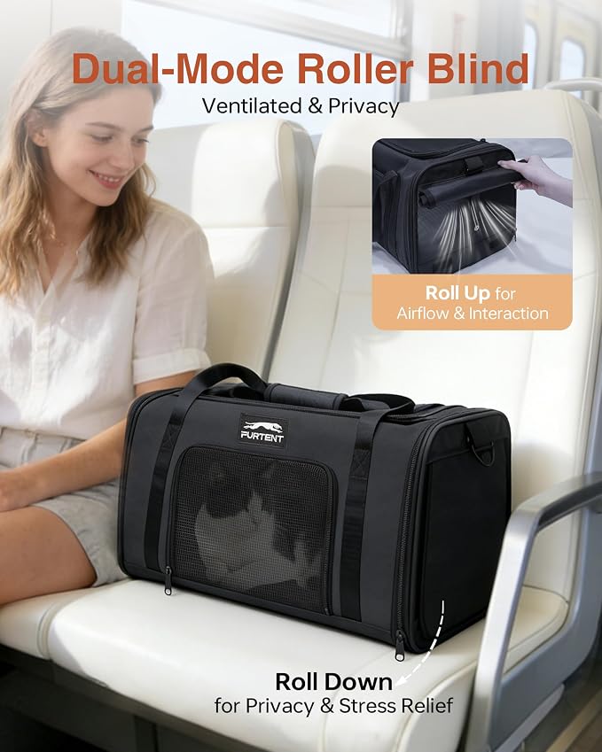 17x11x9.5 Pet Carrier Airline Approved, Cat Carrier with Litter Box, Soft Sided Cat Dog Carrier Up to 15 lbs, Breathable Travel Pet Carrier with Calming Curtain, Storage Bag & Poop Dispenser, Black