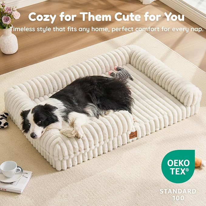 Orthopedic Dog Bed for XL Dogs, Washable Dog Bed with Faux Rabbit Fur Waterproof Cover, High Density Egg Crate Foam Support with 3-Sided Bolsters for Senior Dogs, Non-Skid Bottom, 41x30x7, Cream
