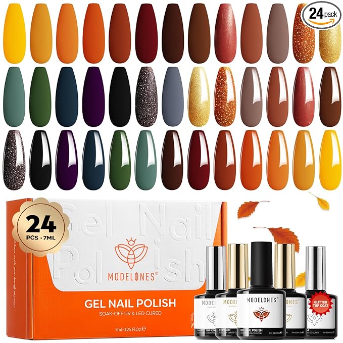 modelones 24PCS Fall Gel Nail Polish Kit, Red Brown Green Yellow Orange Gel Polish Set Soak Off Nail Polish Kit with Glitter, Glossy and Matte Top Base Coat DIY Manicure at Home