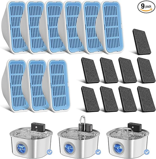 Replacement Cat Water Fountain Filters, 9 Filters and 9 Pre-Filter Sponges for 108oz/3.2L Stainless Steel Pet Water Fountain 309A/309B/309C