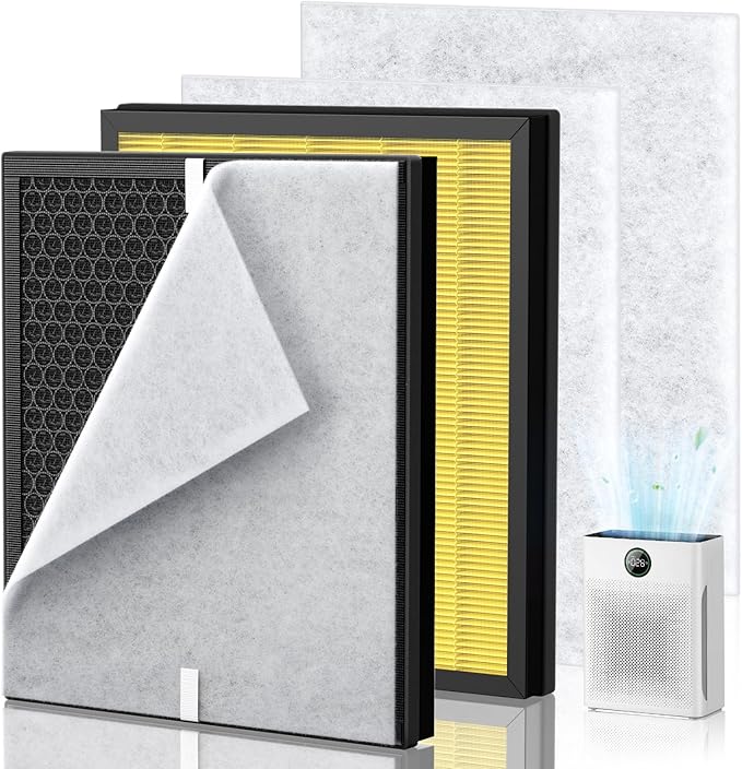 PR1 Replacement Filter for Mooka PR1 Air Purifier for Home Large Room up to 2200sq.ft, 2 Pack 3-in-1 HEPA Activated Carbon, with 4Pcs Washable Filter for Pets, Yellow