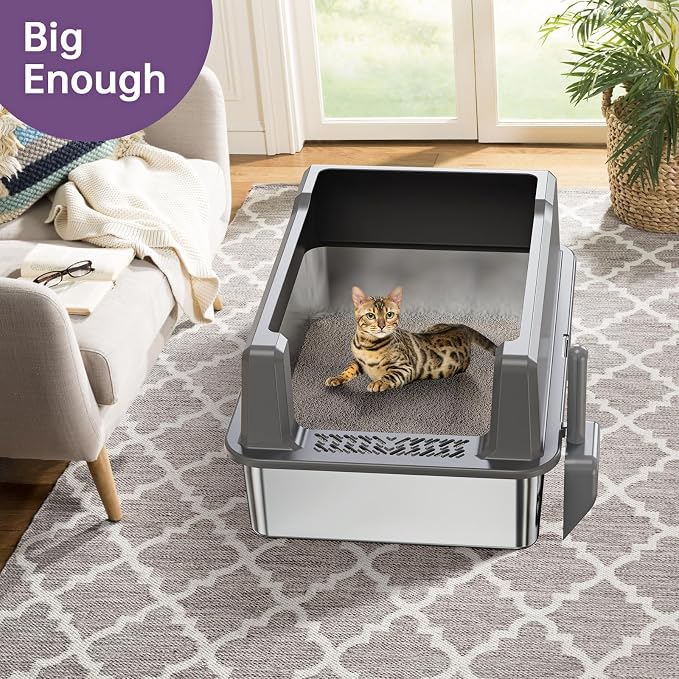 XXXXX+L Stainless Steel Cat Litter Box with Lid, 28" L x 20" W x 16" H Metal Litter Box with Hight Sides for Big Cats & Multiple Cats, Never Absorbs Odors, Anti-Urine Leakage, Easy Cleaning (Gray)