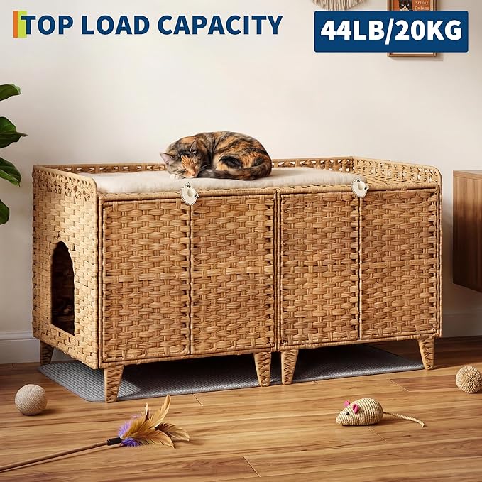 Rattan Litter Box Enclosure Double Room Cat Hidden Litterbox Furniture with Removable Litter Mat & 2 Hooks, Natural Cat House End Table, Easy Assembly, 47.2" l x 19.7" w x 23.6" h Natural