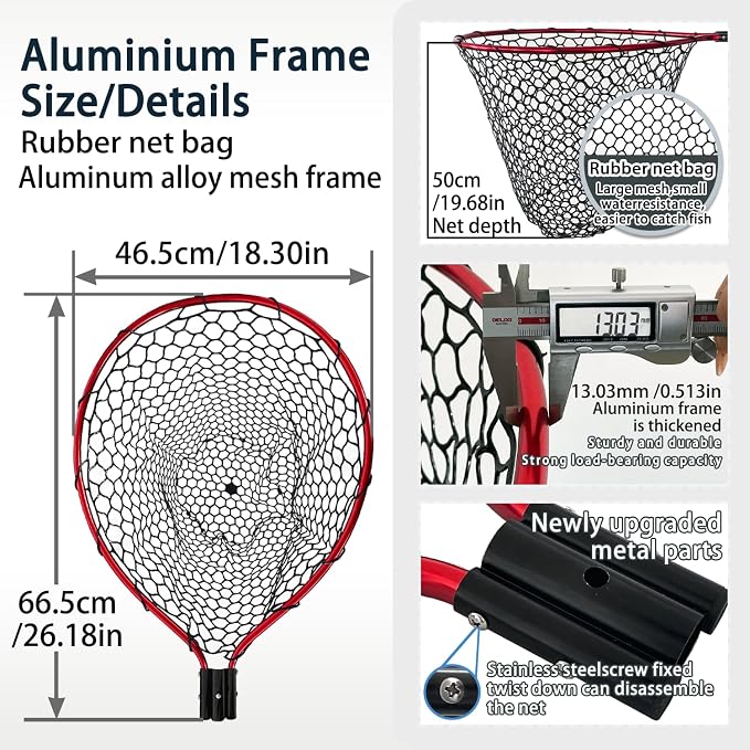 All Metal Telescoping Rubber Fishing Net with Handle Length: 59" Depth:19.7" Hoop: 26"x18" Large Silicone Fish Landing Net Pier/Kayak/Fishpond/Saltwater/Salmon Extendable Fishing Gear
