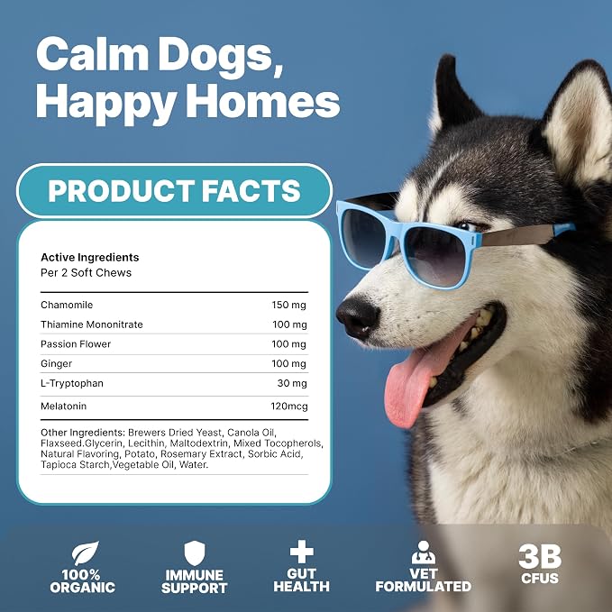 TPC Calming Chews for Dogs – 70 Soft Chicken-Flavored Treats for Anxiety Relief, Fireworks & Thunderstorm Stress, Separation, Sleep Aid & Hyperactivity – Natural Melatonin & L-Tryptophan