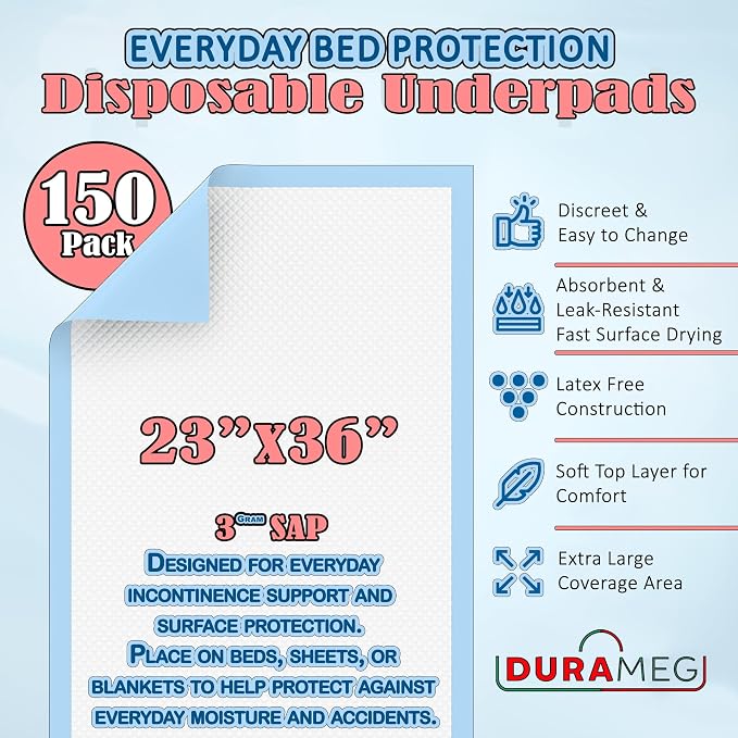 Chucks Pads Disposable [150 Pads] Underpads 23x36 - Absorbent Leak-Resistant Incontinence Bed Pads for Mattress & Furniture Protection | Waterproof Pee & Puppy Training Pads for Kids, Adults & Elderly