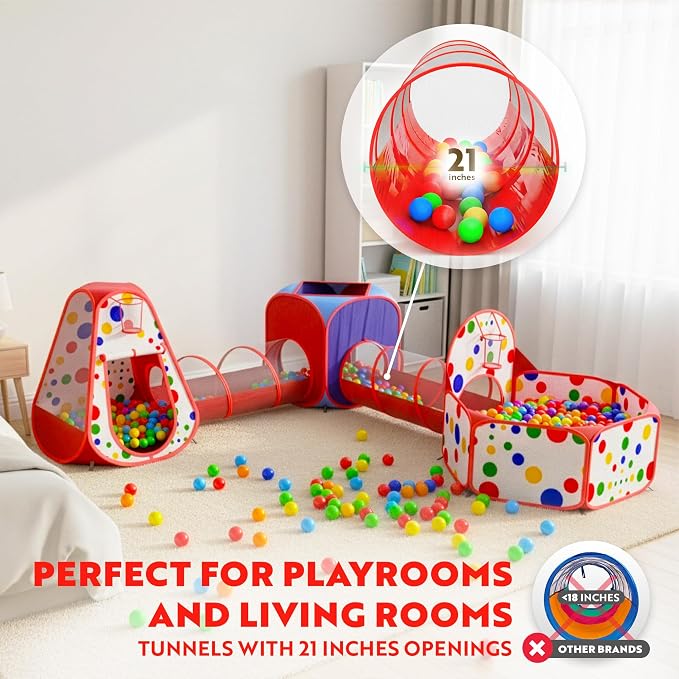 Playz 5-Piece Kids Play Tents Crawl Tunnels and Ball Pit Popup Bounce Playhouse Tent with Basketball Hoop for Indoor and Outdoor Use with Red Carrying Case