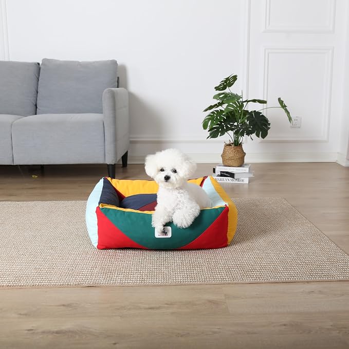 Cotton Canvas Dog Bed, Cute Dog Beds for Small Dogs, Puppy Bed with Washable Removable Cover, Durable 290 GSM Cotton Anti-Chewing Pet Bed with Anti-Slip Bottom (24"x20"x8", Red&Yellow&Green)