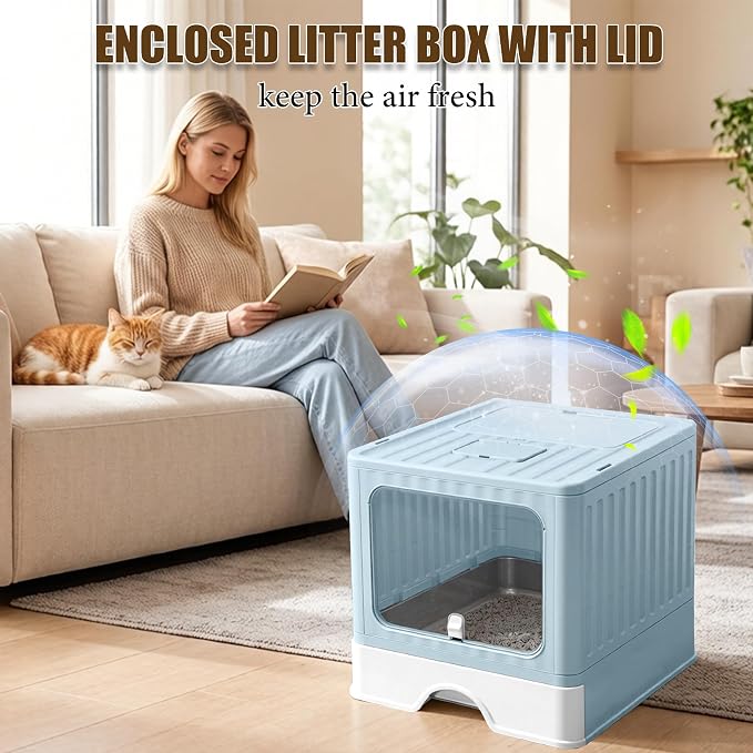 Stainless Steel Cat Litter Box With Lid, Top & Front Entry Enclosed Metal Litter Box, Large Covered Drawer Type Foldable Cat Litter Pan With Litter Scoop & Mat, Easy to Clean,Odor Control (Blue)