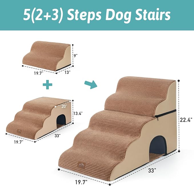 COZY KISS Extra Wide Dog Stairs with Tunnel, Detachable Large Pet Step for Small Medium Dog, Puppy or Cat, Ramp for High Bed, Couch, Sofa or Car, Stable, 19.7x33x22.4 inch, 5 Step, Light Brown